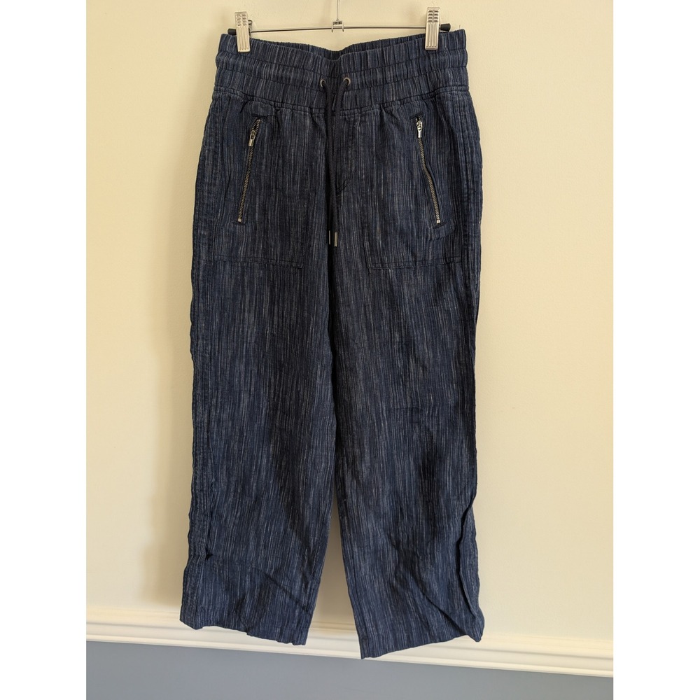 Athleta Cabo Linen Textured Wide Leg Pant Indigo Blue Stripe Size 2 beachy prep